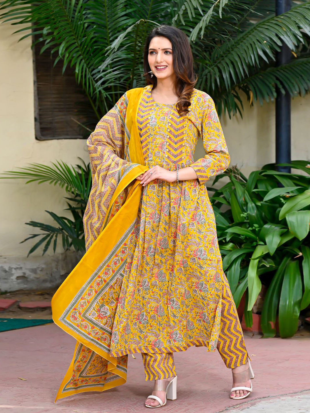 Floral Printed Cotton Kurta With Pants &amp; Dupatta