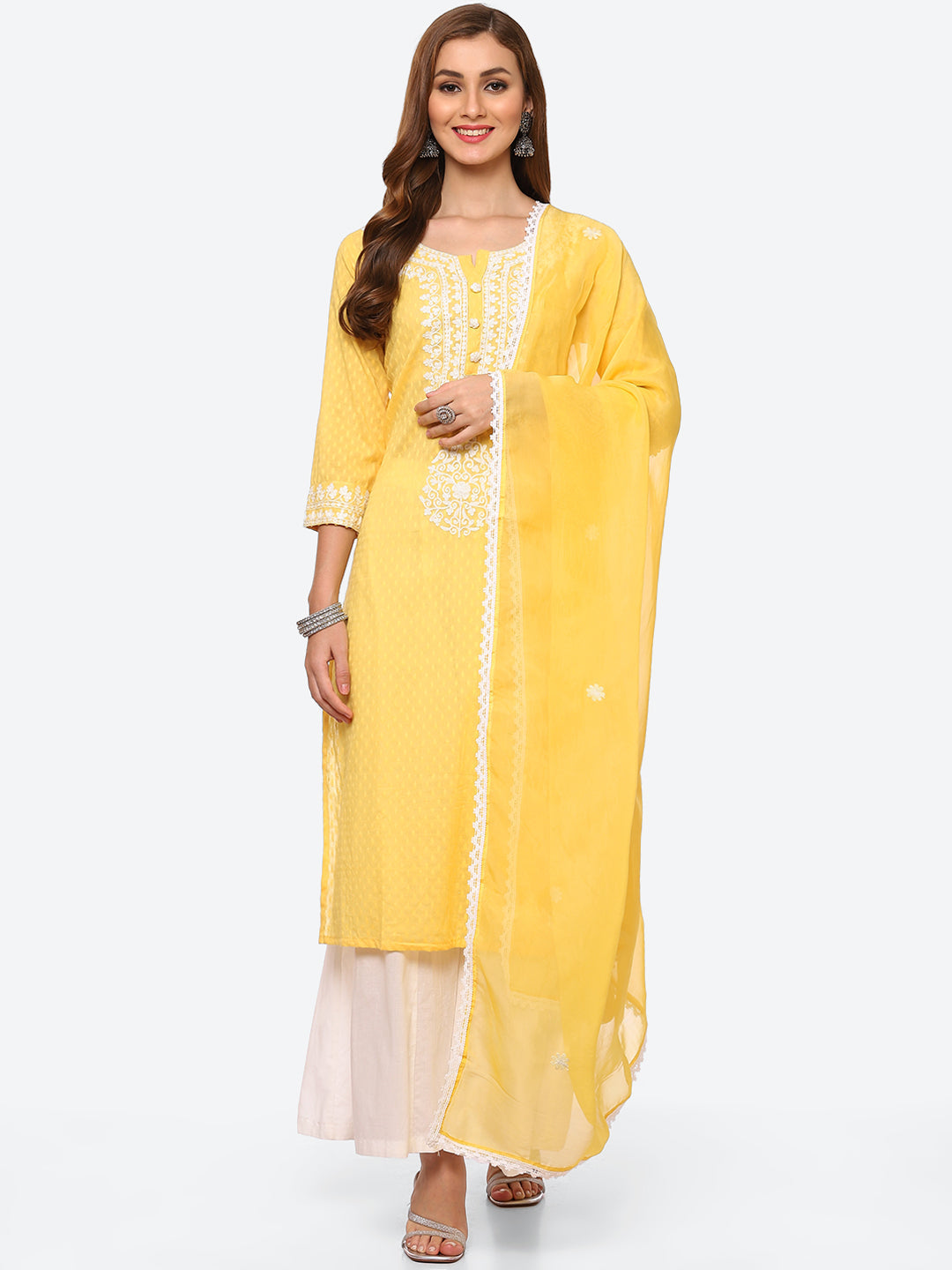 Resham Neck Embroidered Cotton Kurta With Sharara &amp; Dupatta