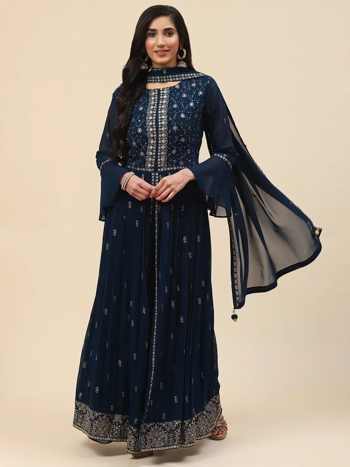 Sequin Embroidered Georgette Kurta With Palazzo &amp; Dupatta
