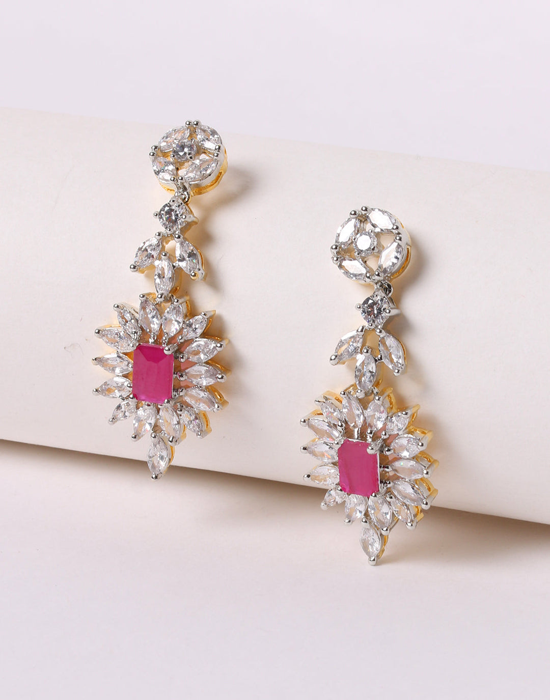 Elegant White With Pink Stone Earrings