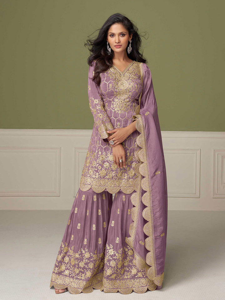 Embroidered Art Silk Kurta With Gharara &amp; Dupatta