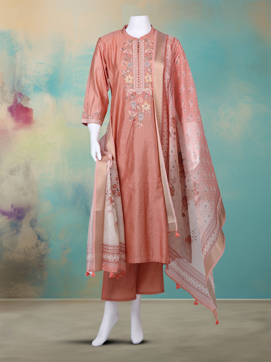 Embroidered Chanderi Kurta With Pant &amp; Dupatta
