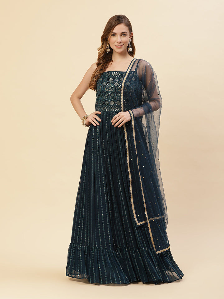 Embroidered Art Georgette Anarkali Kurti With Chudidar And Net Dupatta