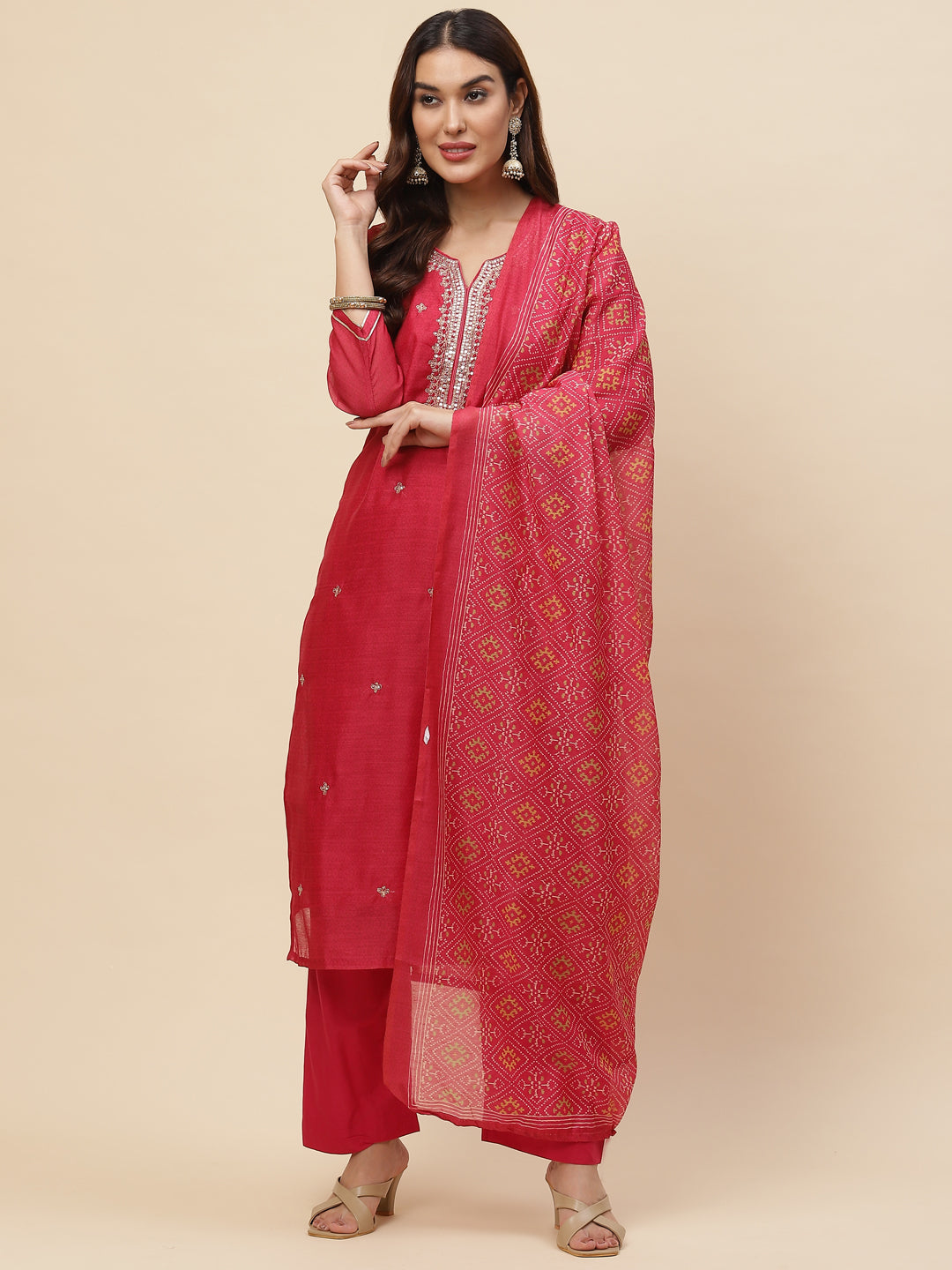 Neck Embroidered Chanderi Kurta With Pants &amp; Dupatta