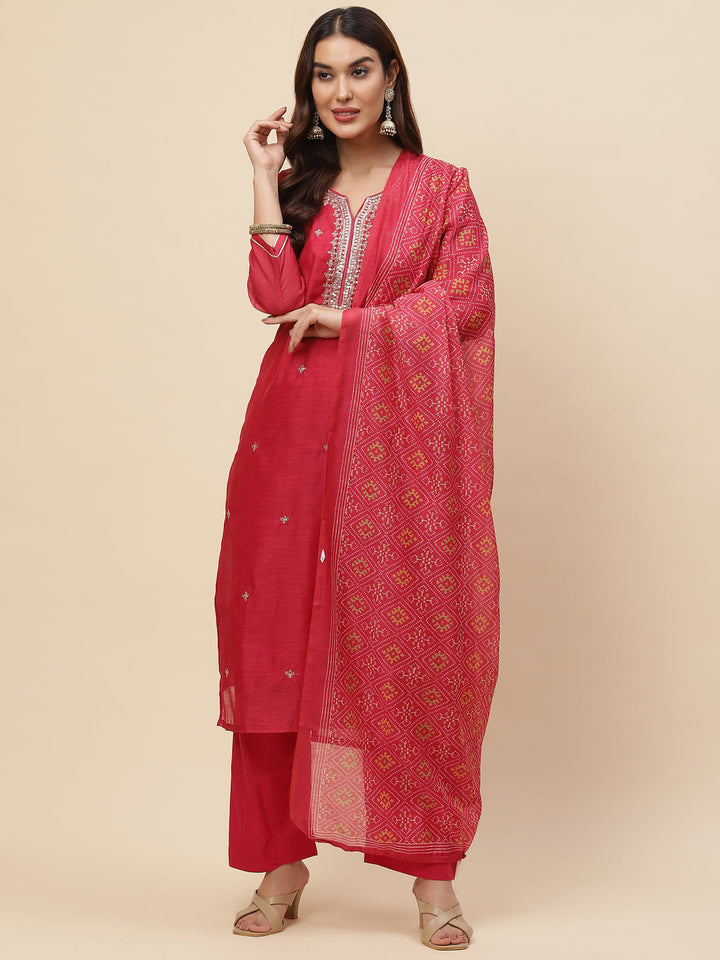 Neck Embroidered Chanderi Kurta With Pants &amp; Dupatta