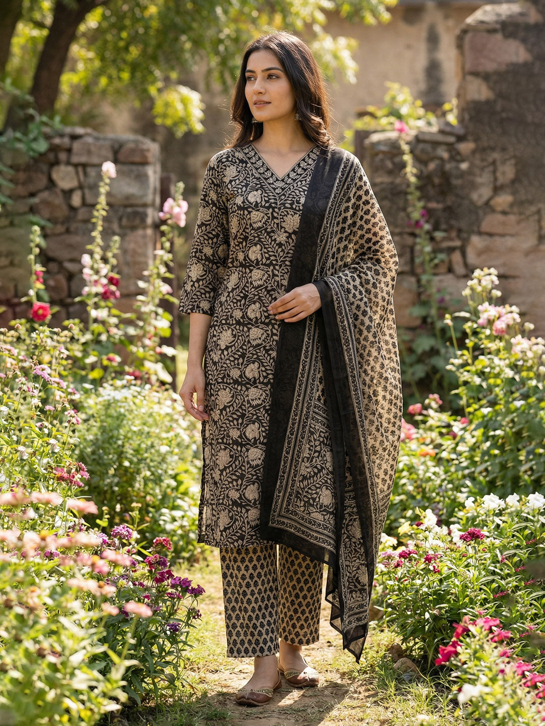 Printed Cotton Blend Kurta With Pant &amp; Dupatta