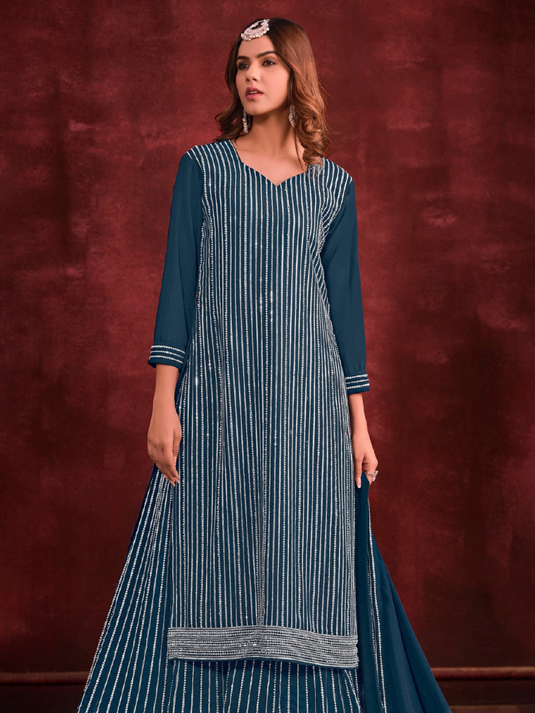 Embroidered Georgette Kurta With Sharara &amp; Dupatta