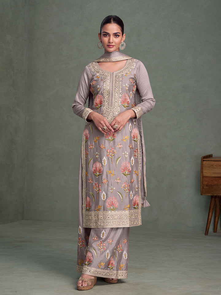Embroidered Chinon Silk Kurta With Plazzo &amp; Dupatta