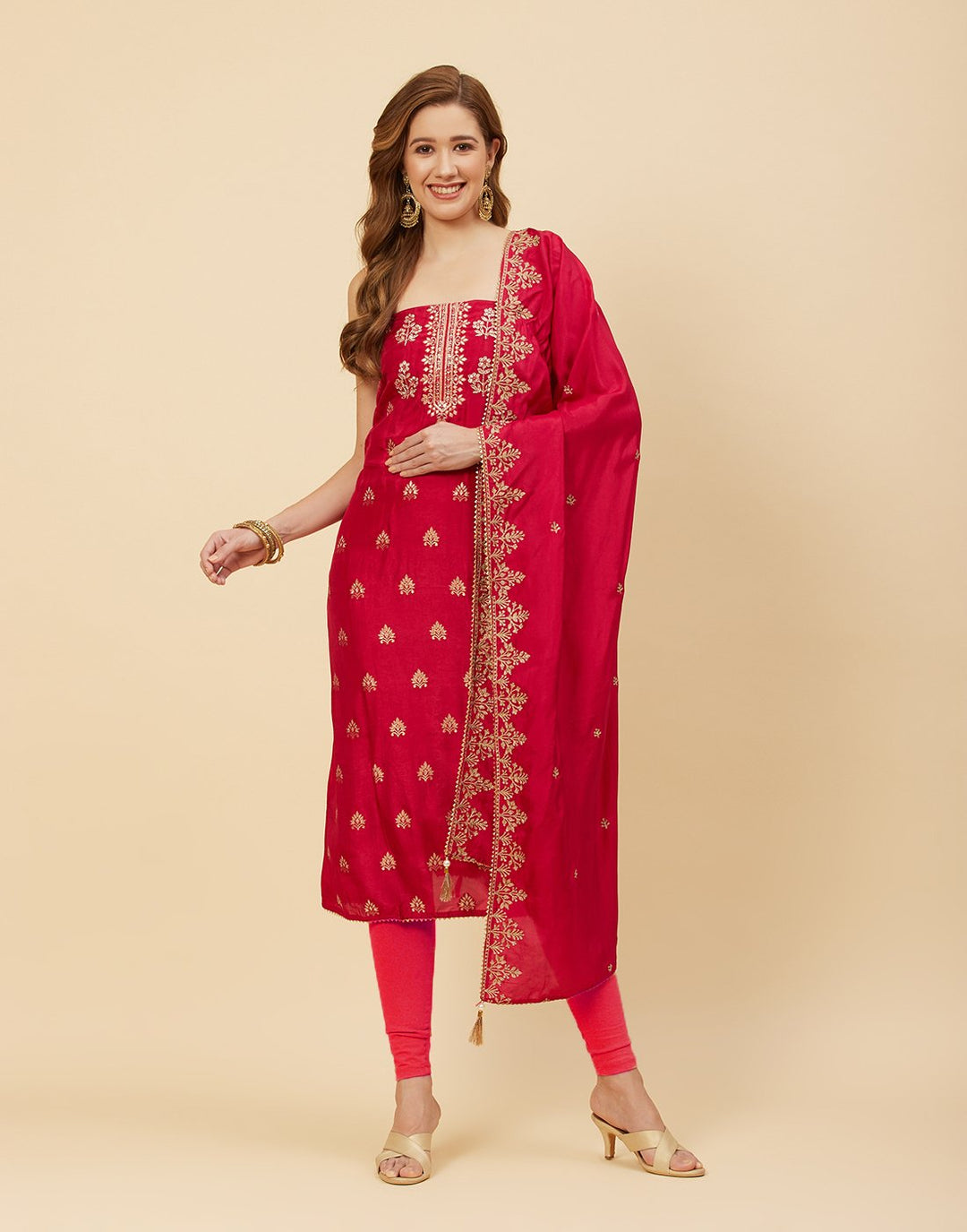 Embroidered Art Handloom Dupion Suit Piece With Chinone Embroidered Dupatta