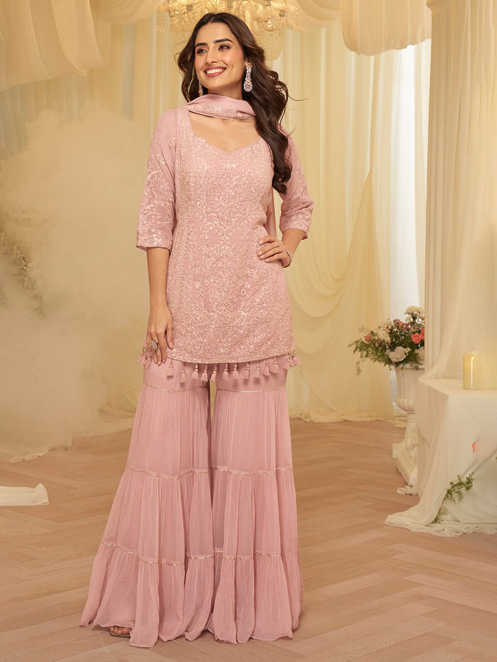Embroidered Geogrette Kurta With Sharara &amp; Dupatta