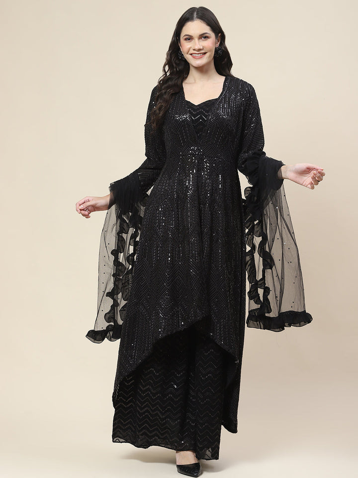 Sequin Embroidered Georgette Top Jacket With Palazzo &amp; Dupatta