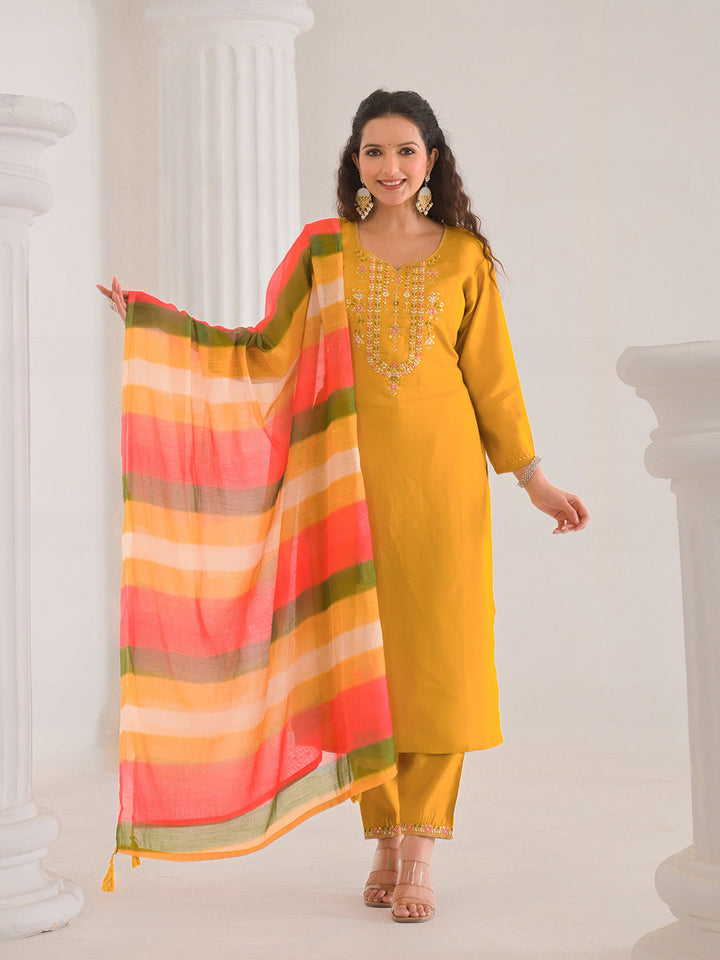 Neck Embroidery Cotton Blend Kurta With Pants &amp; Dupatta
