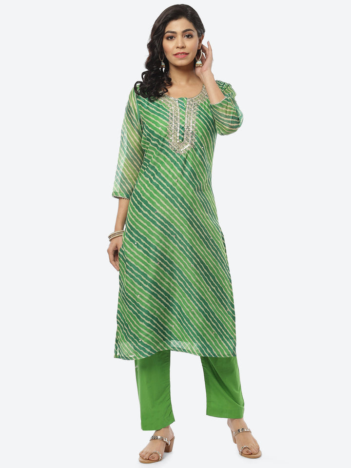 Printed Neck Embroidered Chanderi Kurti With Pant