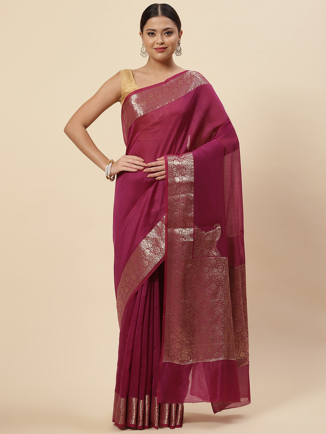 Plain Zari Border Cotton Woven Saree
