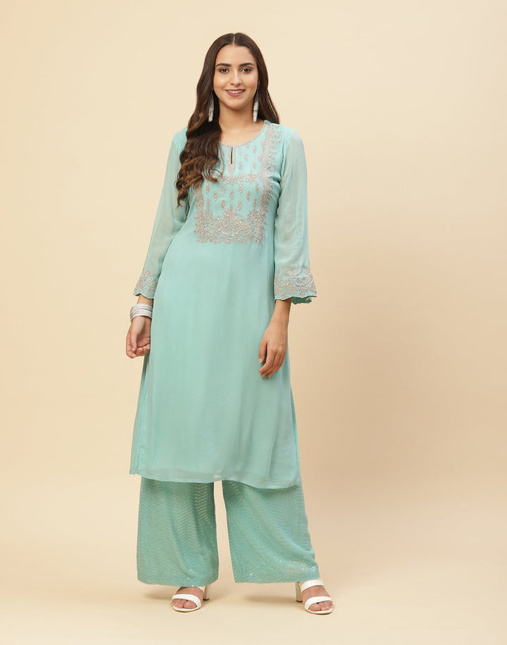 Zari Embroidered Georgette Kurti With Palazzo