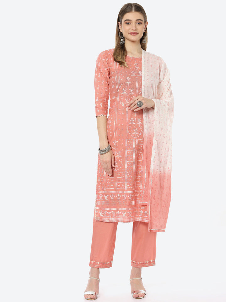 Bandhani Mirror Work Cotton Kurta With Pant &amp; Cotton Dupatta