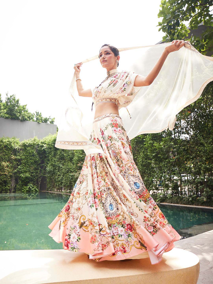 Floral Printed Crepe Choli With Lehenga &amp; Dupatta
