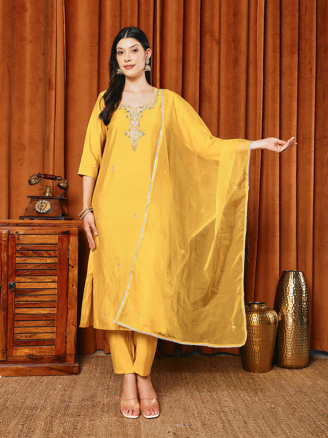 Embroidered Cotton Blend Kurta With Pants &amp; Dupatta