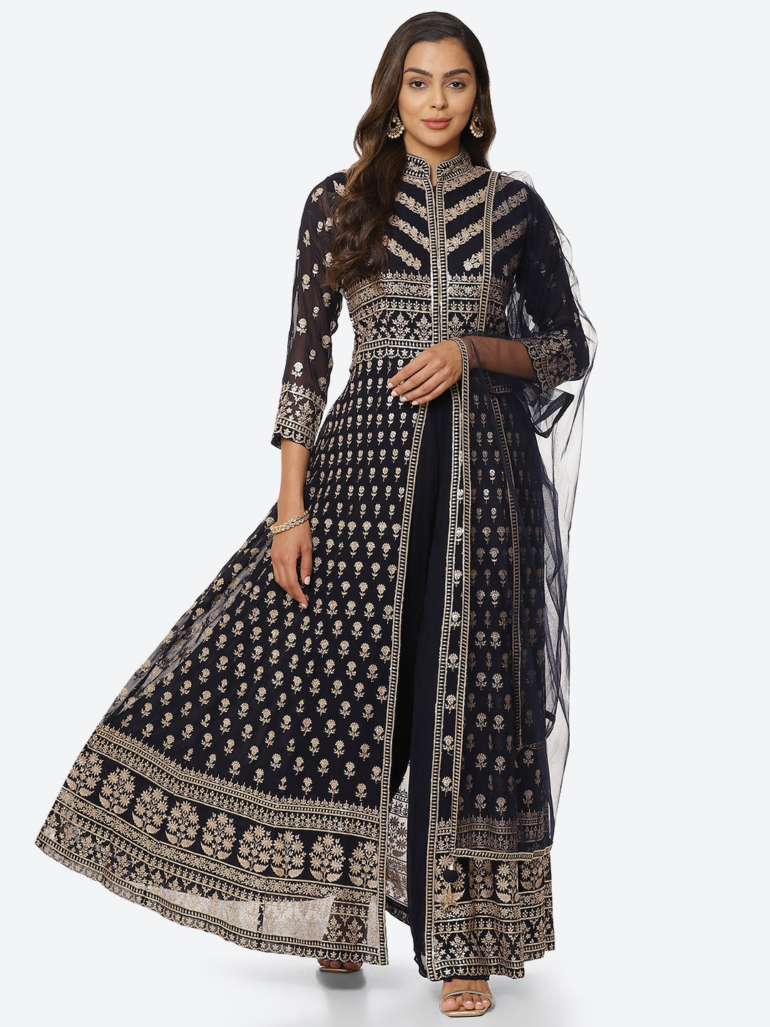 Zari Booti Georgette Kurta With Palazzo &amp; Net Dupatta
