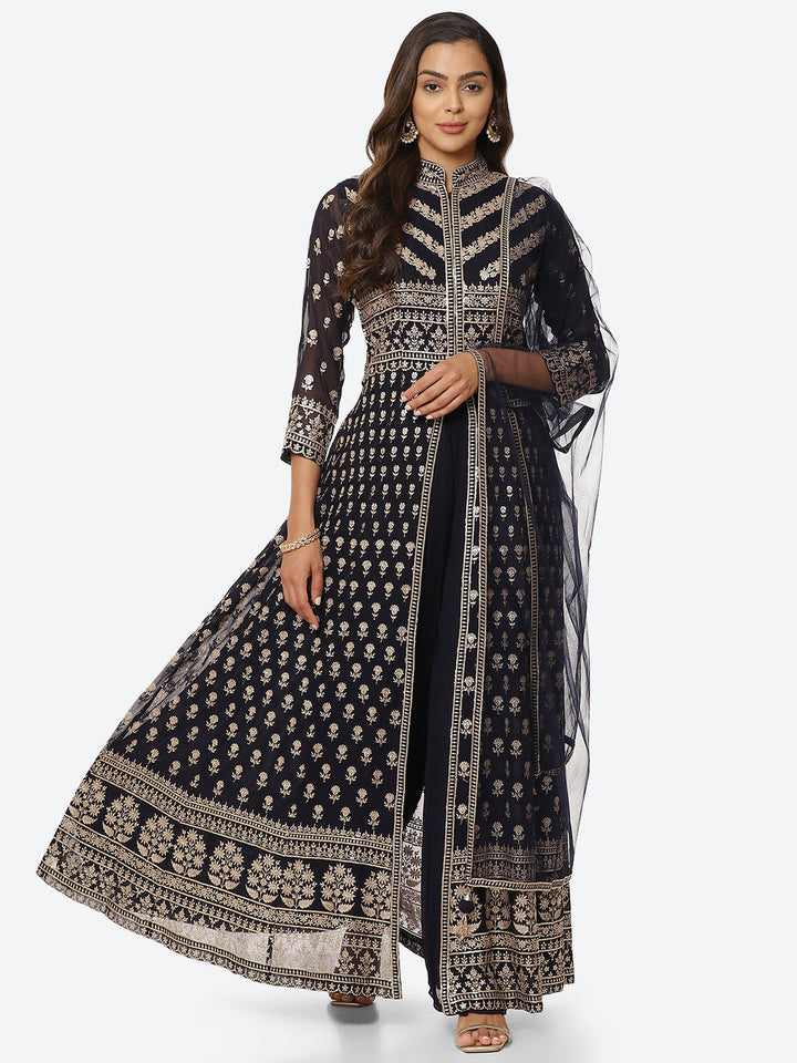Zari Booti Georgette Kurta With Palazzo &amp; Net Dupatta