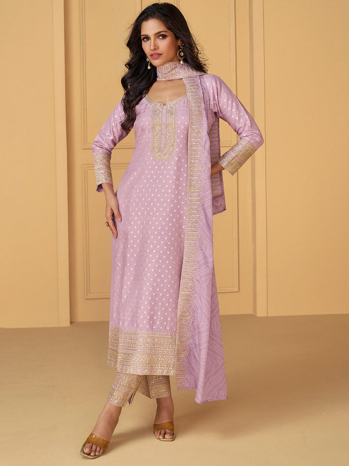 Embroidered Jacquard Silk Kurta With Pant &amp; Dupatta