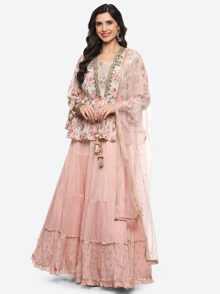Resham Embroidered Crepe Choli Jacket With Lehenga &amp; Dupatta