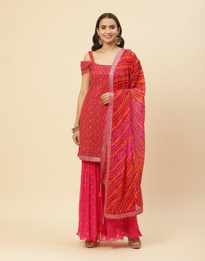 Embroidered Mirror Work Georgette Salwar Kameez Stitched Suit With Bandhini Dupatta