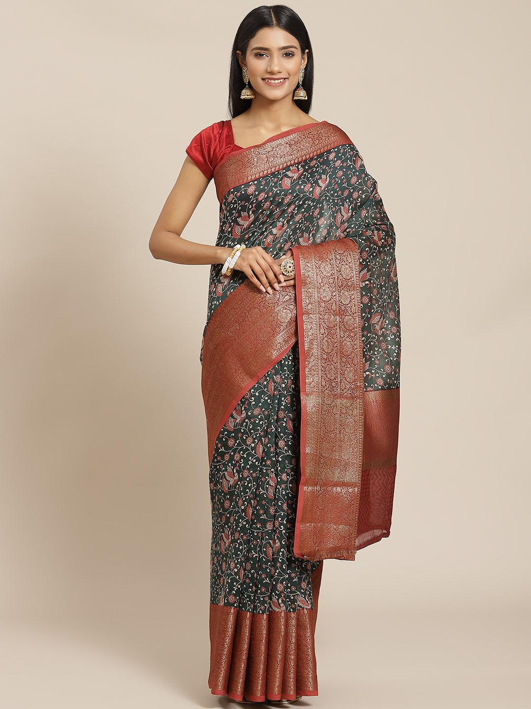 Floral Printed Banarasi Border Pallu Cotton Chanderi Saree