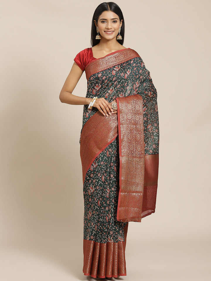 Floral Printed Banarasi Border Pallu Cotton Chanderi Saree