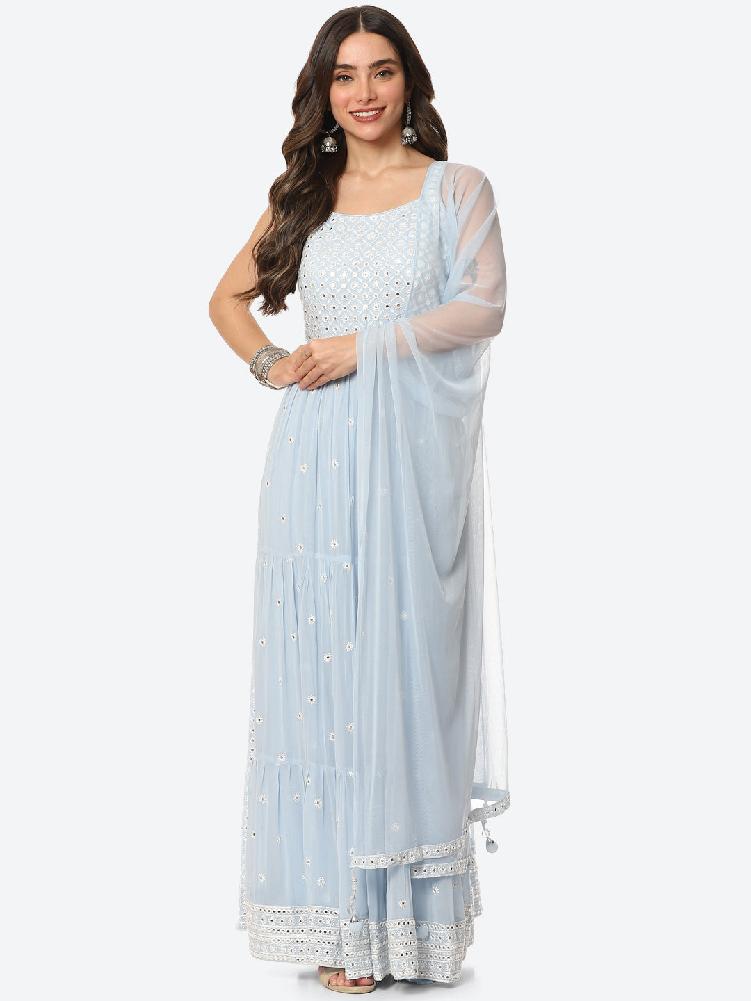 Resham Mirror Georgette Kurta With Palazzo &amp; Net Dupatta