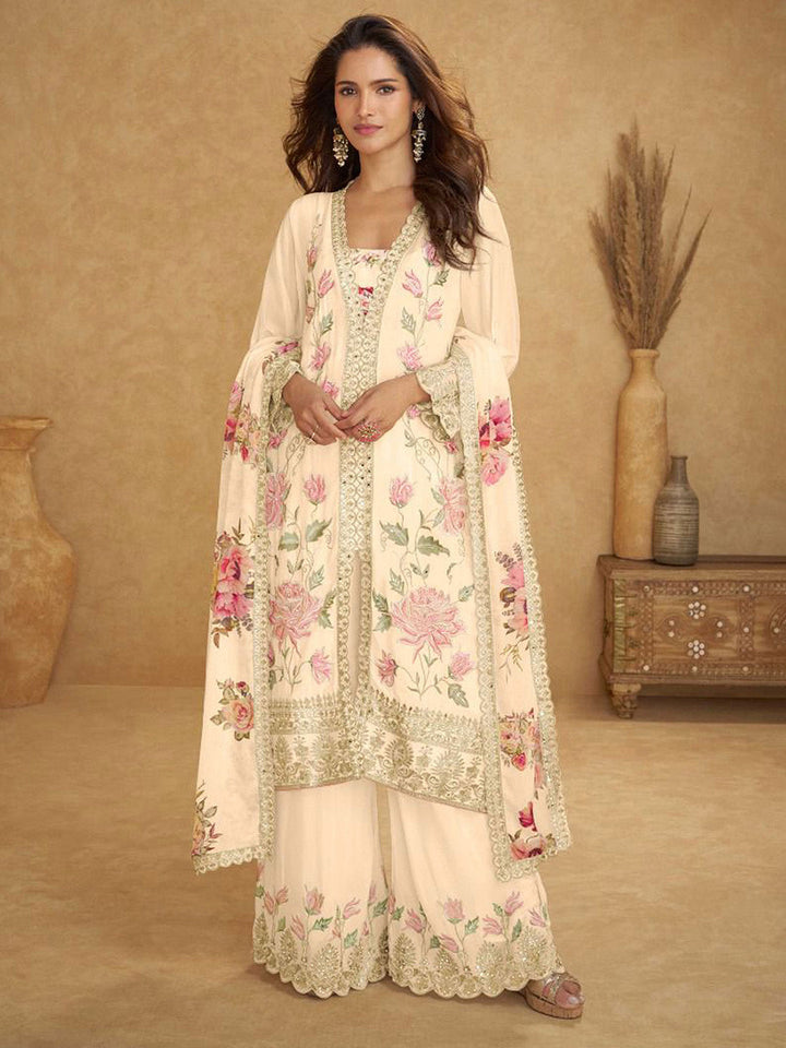 Embroidered Chinnon Kurta With Plazzo &amp; Dupatta