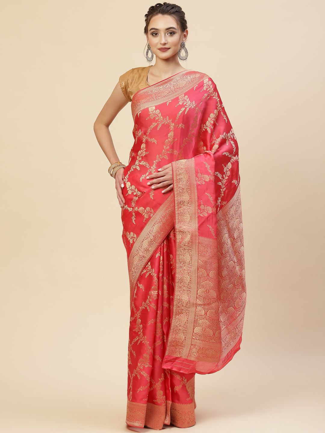 Floral Zari Jaal Satin Woven Saree