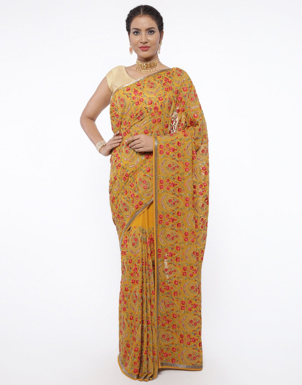 MBZ Meena Bazaar-Black colour georgette Saree With All-over Paisley Thread Embroidery