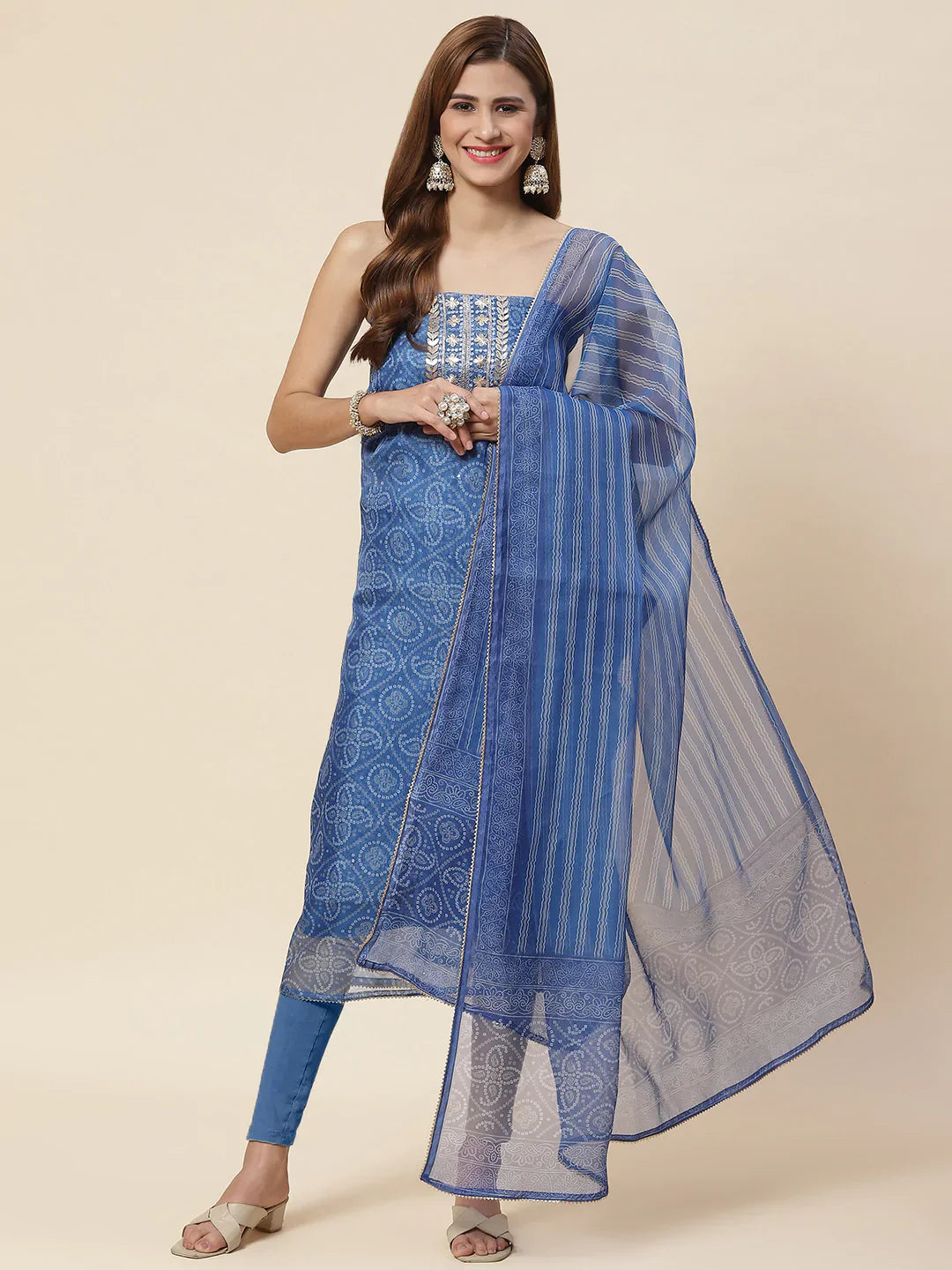 Bandhani Printed Organza Unstitched Suit Piece With Dupatta