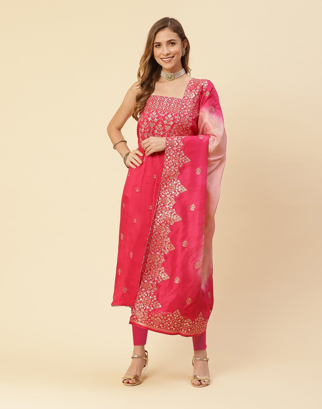 Embroidered Art Handloom Suit Piece With Banarasi Dupatta