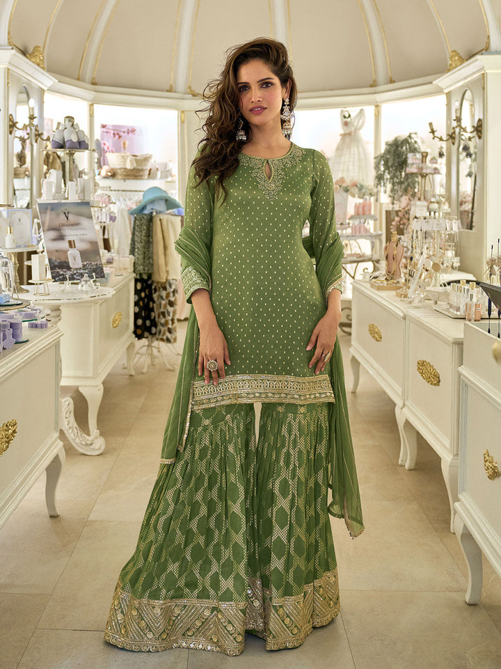 Embroidered Art Silk Suit With Plazzo &amp; Dupatta