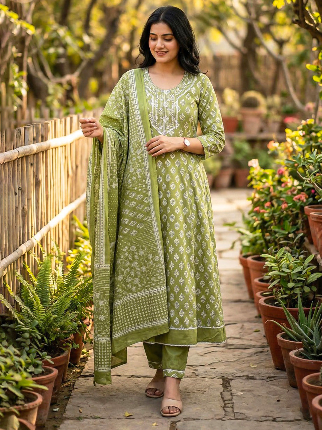 Printed Cotton Blend Suit With Pant &amp; Dupatta