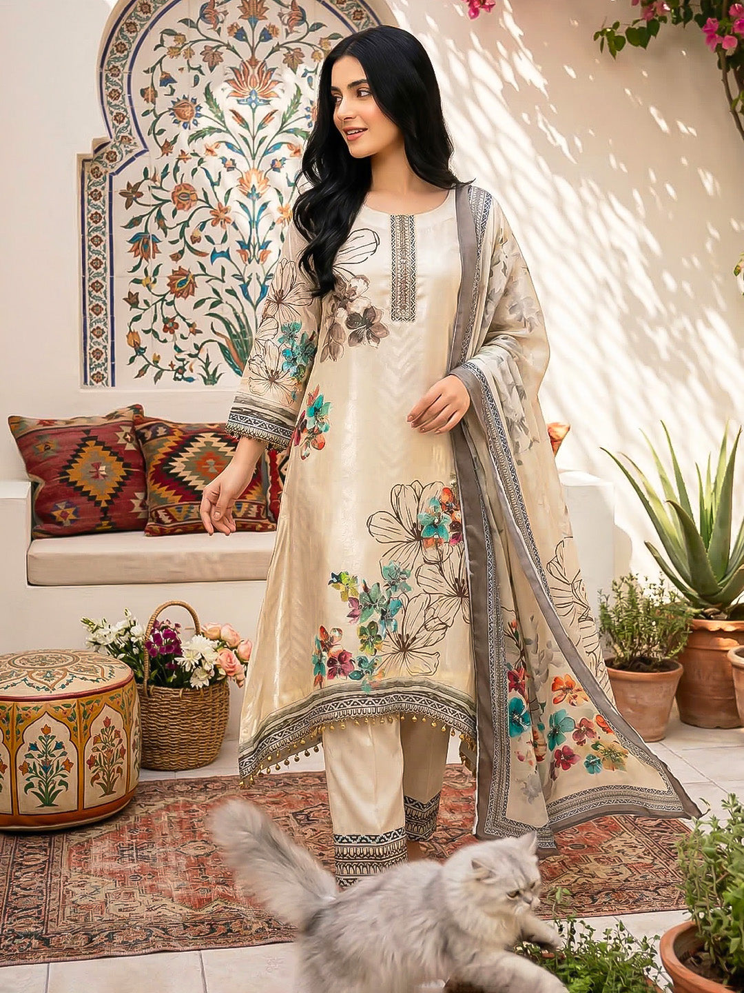Printed Crepe Kurta With Pant &amp; Dupatta