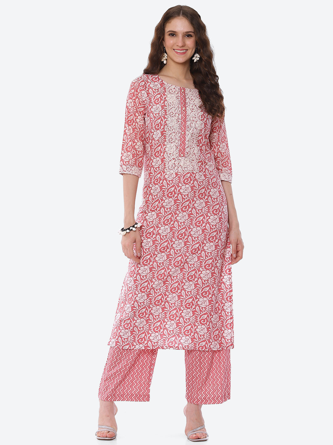 Neck Embroidered Printed Cotton Kurta With Palazzo