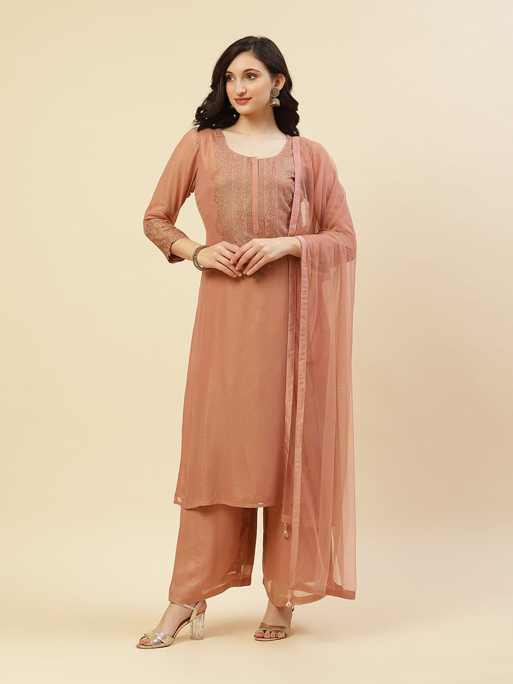 Embroidered Georgette Kurti With Palazzo And Dupatta