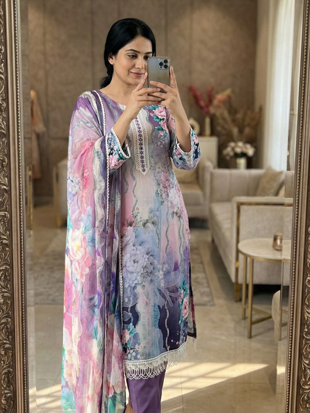Printed Cotton Blend Kurta With Pant &amp; Dupatta