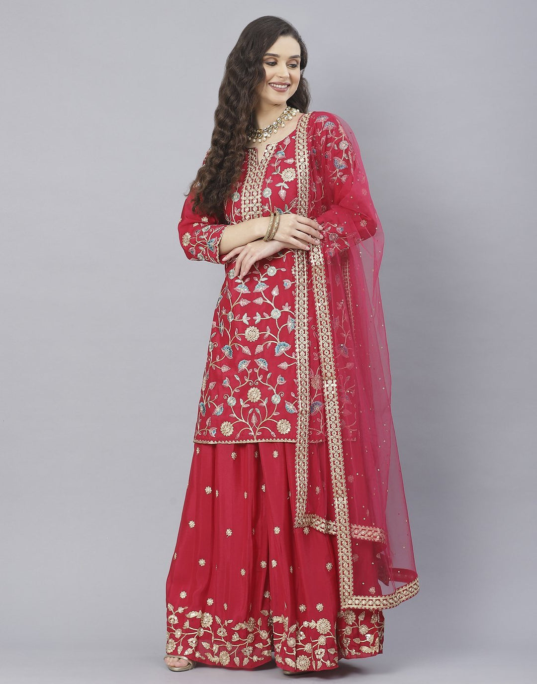 Rama Green and Hot Pink Art Crepe Salwar Kameez
