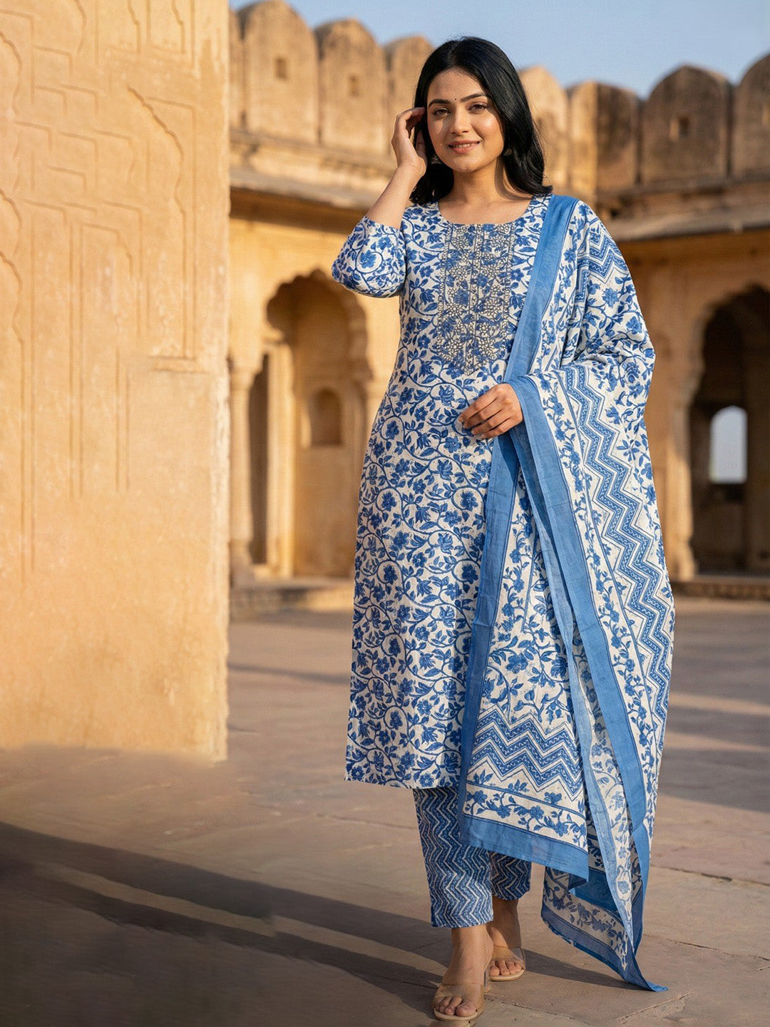 Printed Cotton Blend Kurta With Pant &amp; Dupatta