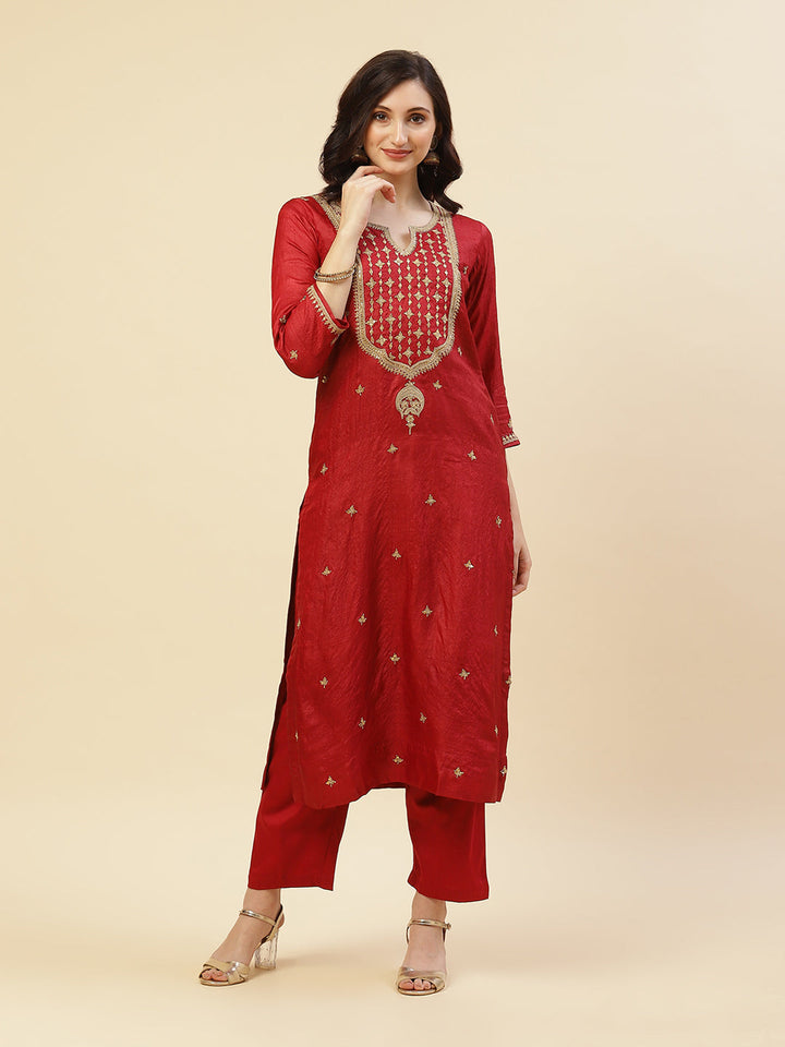 Embroidered Tussar Kurti With Pant