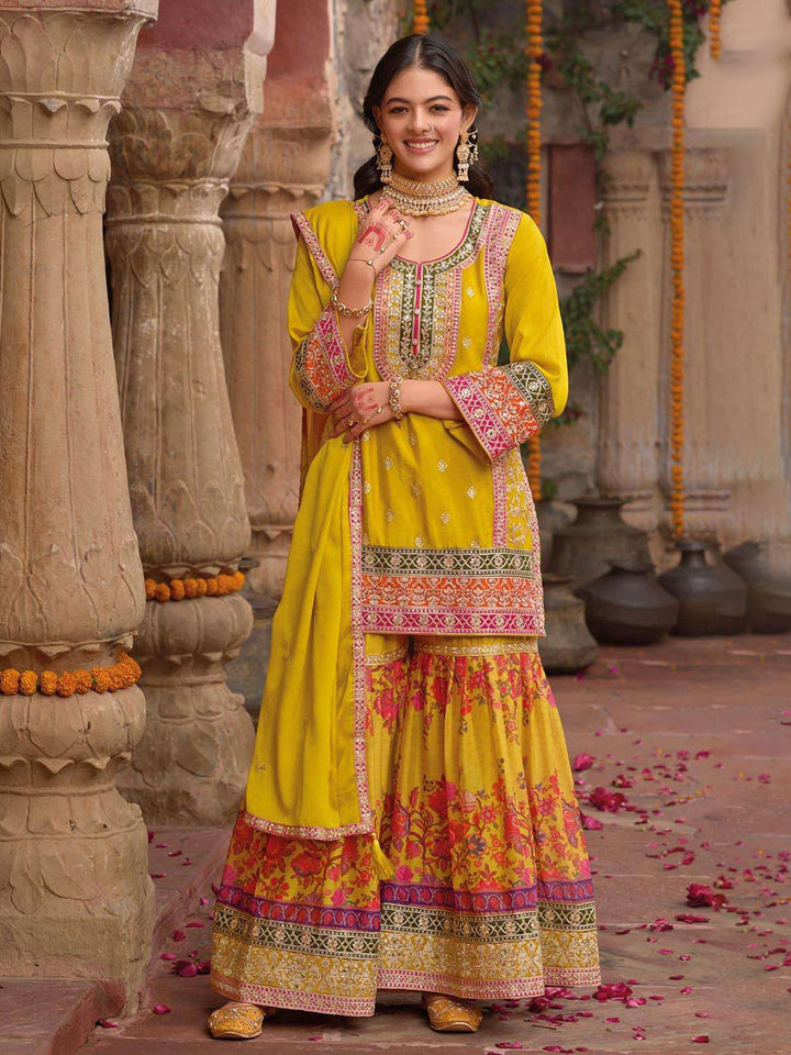 Embroidered Chinnon Silk Kurti With Gharara &amp; Dupatta