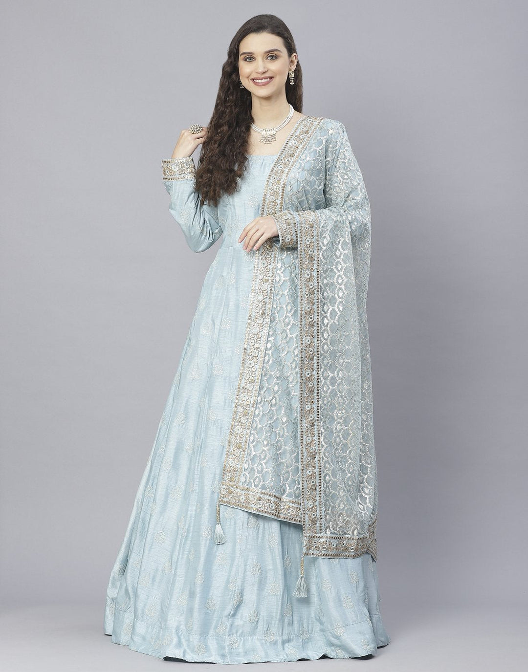 Peach, Sky Blue and Yellow Cotton Chanderi Anarkali Salwar Kameez