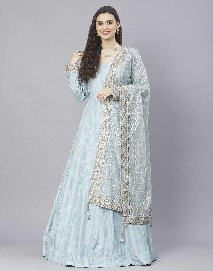 Peach, Sky Blue and Yellow Cotton Chanderi Anarkali Salwar Kameez