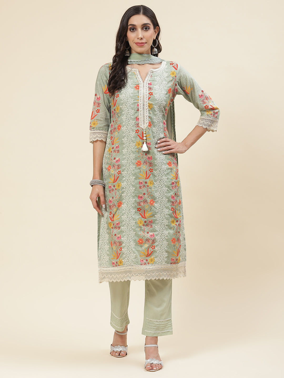 Floral Printed & Embroidered Cotton Kurta With Pants & Dupatta