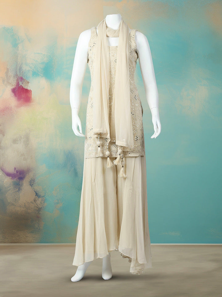 CutDana Embroidered Georgette Stitched Kurta With Sharara &amp; Dupatta