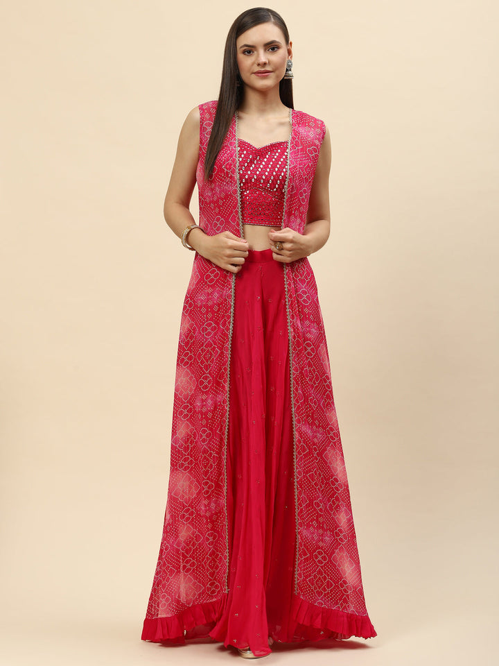 Bandhani Printed Georgette Crop Top With Palazzo &amp; Jacket